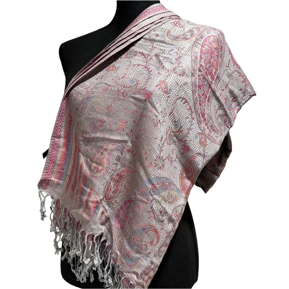 Elegant Shawl in Silver & Pink Paisley- Versatile Wrap, Scarf, Veil Soft Rayon